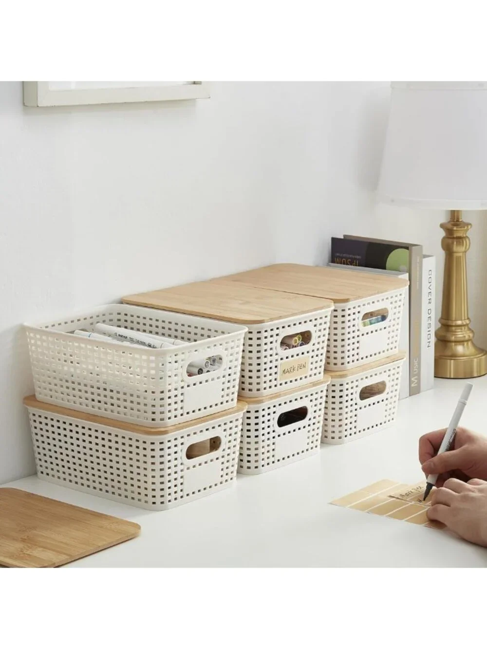 Set of 6 Stackable Plastic Storage Bins with Bamboo Lids - Cute Organizing